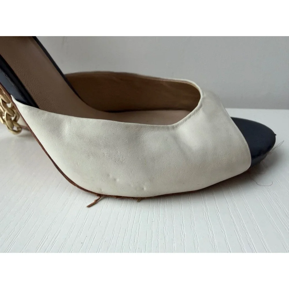 GUESS Marciano Chain Heels Leather Peep Toe Pumps Y2K Size 37.5 US 7.5